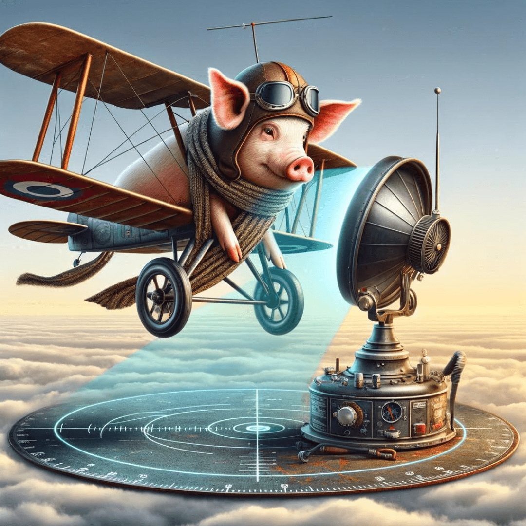 Image of a pig in pilot attire talking into a broadcasting microphone.